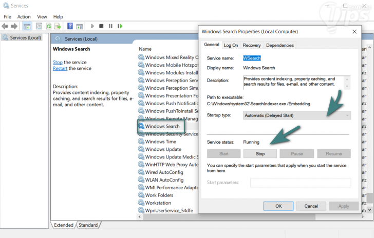 การตรวจสอบสถานะการทำงานของ Windows Search Service