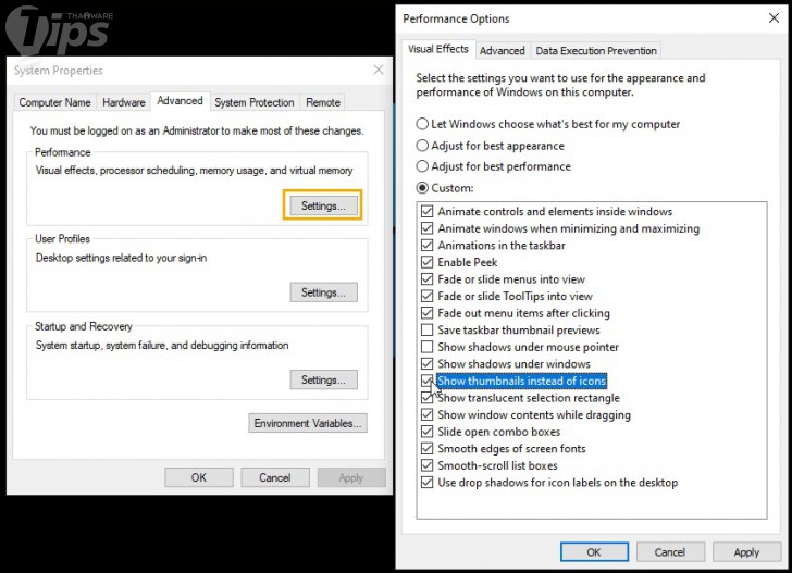 ตรวจสอบการตั้งค่า Performance Options