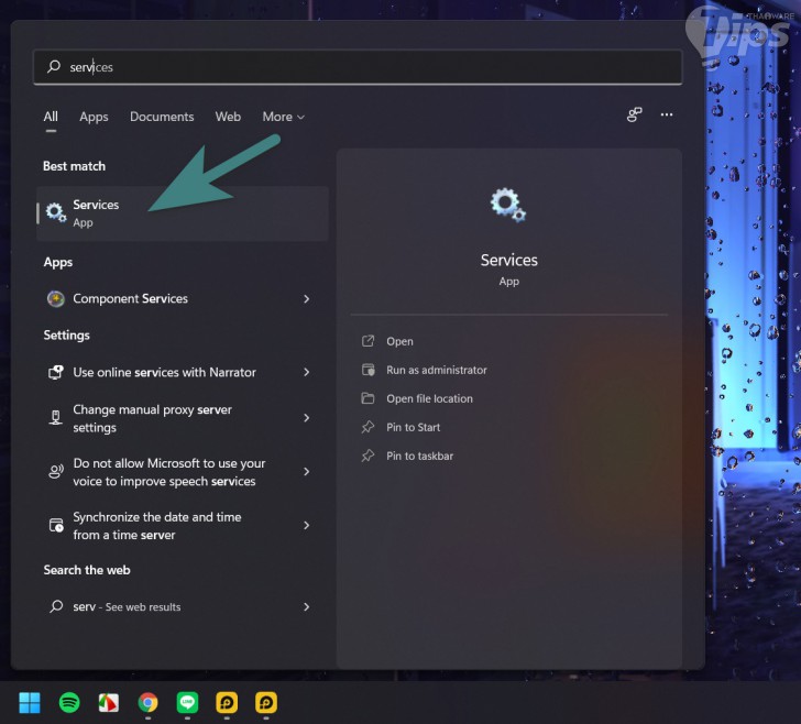 วิธีเปิด Windows Service ผ่านระบบค้นหา (Search) ในเมนู Start