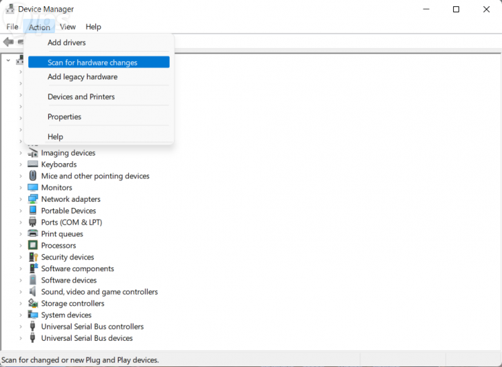 การค้นหาการเปลี่ยนแปลงของอุปกรณ์ (Scan for Hardware Changes) ในส่วนของการจัดการอุปกรณ์ (Device Manager)