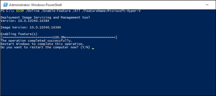 เปิดใช้งาน Hyper-V ผ่าน Powershell