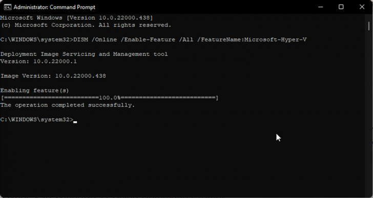 เปิดใช้งาน Hyper-V ผ่าน Command Prompt