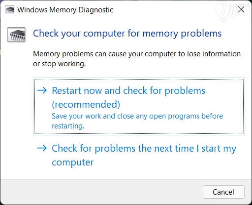 หน้าจอ Windows Memory Diagnostic ของระบบปฏิบัติการ Windows หน้าจอ Windows Memory Diagnostic ของระบบปฏิบัติการ Windows