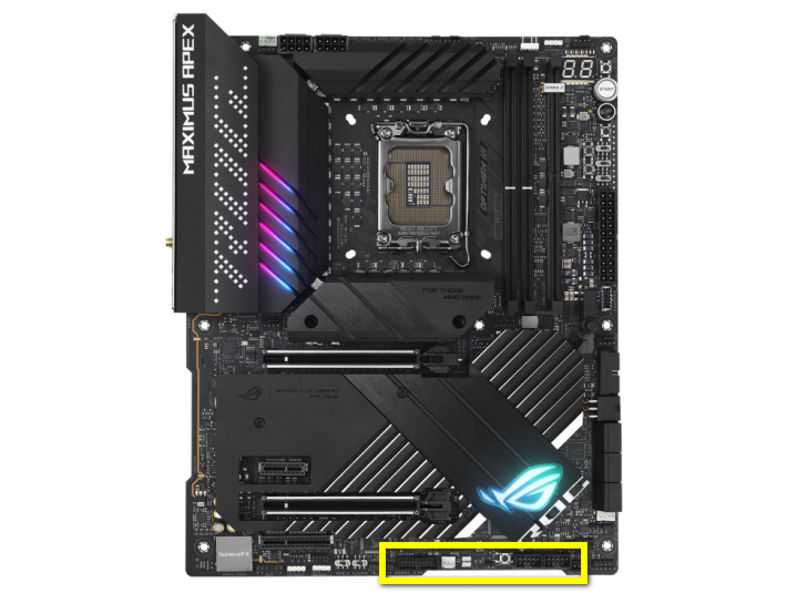 แผงด้านหน้า (Front Panel) และพอร์ต USB ในเมนบอร์ด ROG MAXIMUS Z690 APEX