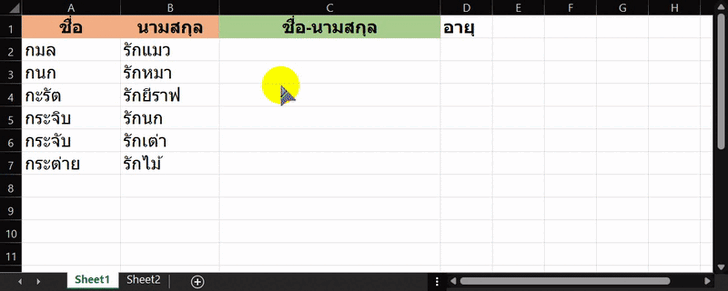 วิธีรวมข้อมูลโดยใช้ฟังก์ชัน CONCAT
