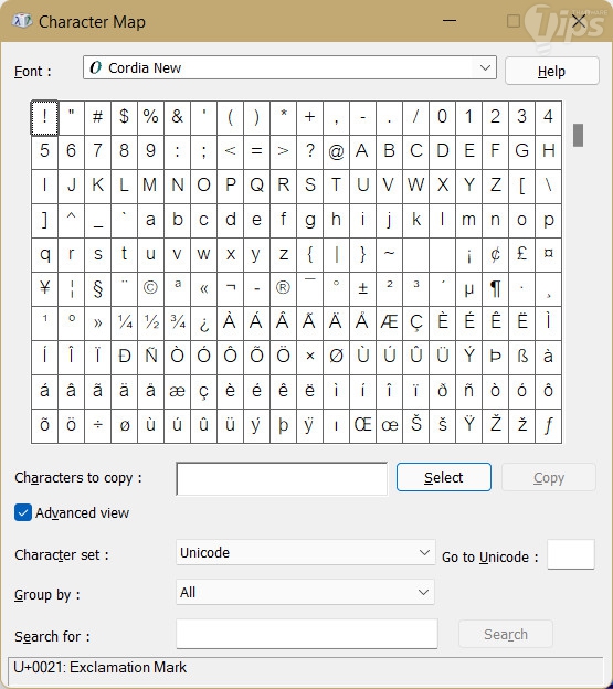 Glyph Tables ของฟอนต์ Cordia New