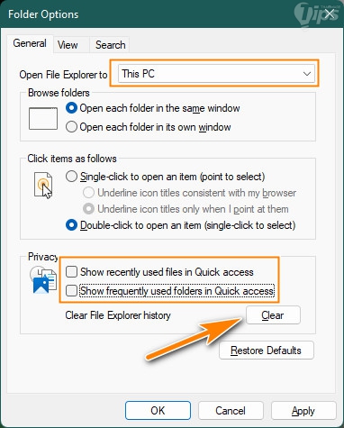 ปิดคุณสมบัติ Quick Access และล้างประวัติ File Explorer (Disable Quick Access Feature and Clear File Explorer History)