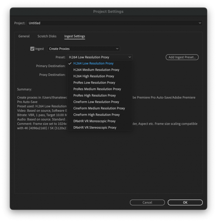 Preset ตัวเลือกของประเภทวิดีโอ Proxy บนโปรแกรม Adobe Premiere Pro