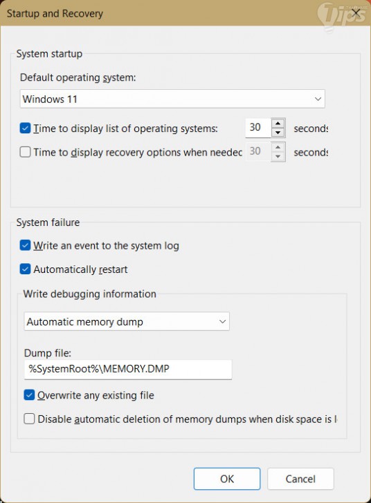หน้าจอ Startup and Recovery ของระบบปฏิบัติการ Windows