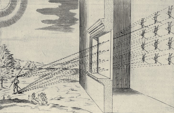 ภาพกล้องทาบเงาจากหนังสือ Apiaria Universae Philosophiae Mathematicae พิมพ์ในปี ค.ศ. 1642 (พ.ศ. 2185)