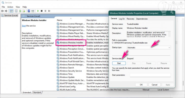 ตรวจสอบการทำงานของ ตัวติดตั้งโมดูลของ Windows (Check Windows Module Installer)
