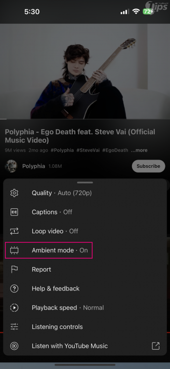 เปิด หรือปิด การรับชมด้วย โหมดสภาพแวดล้อมรอบข้าง บนยูทูบ (Turn on or off Ambient Mode on YouTube)
