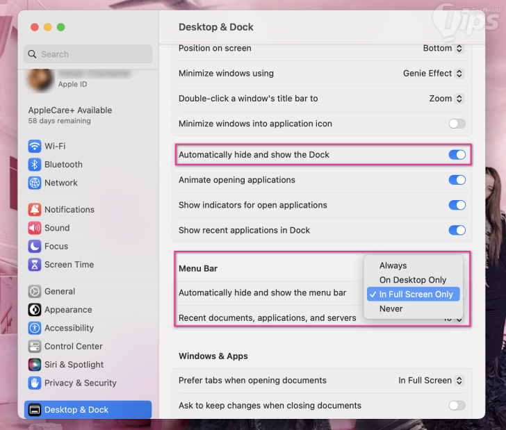 ซ่อน Dock หรือแถบเมนู โดยอัตโนมัติ (Hide Dock or Menu Bar Automatically or Vice Versa)