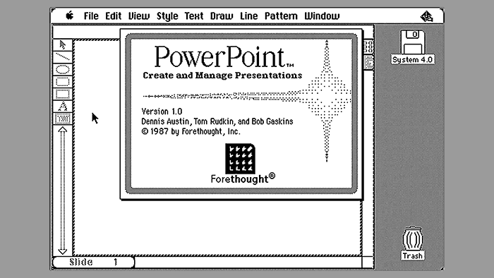 โปรแกรม PowerPoint 1.0 ที่ลงเครื่อง Macintosh โปรแกรม PowerPoint 1.0 ที่ลงเครื่อง Macintosh