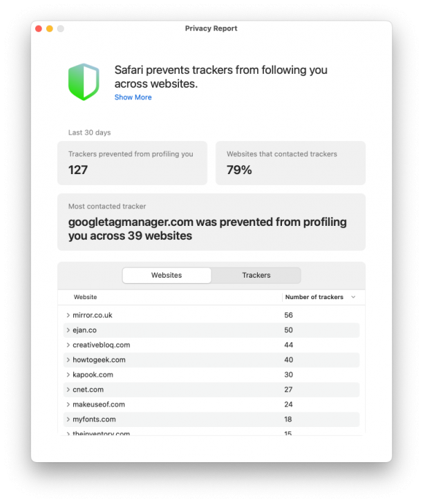 ส่วนของการรายงานความเป็นส่วนตัว (Privacy Report)