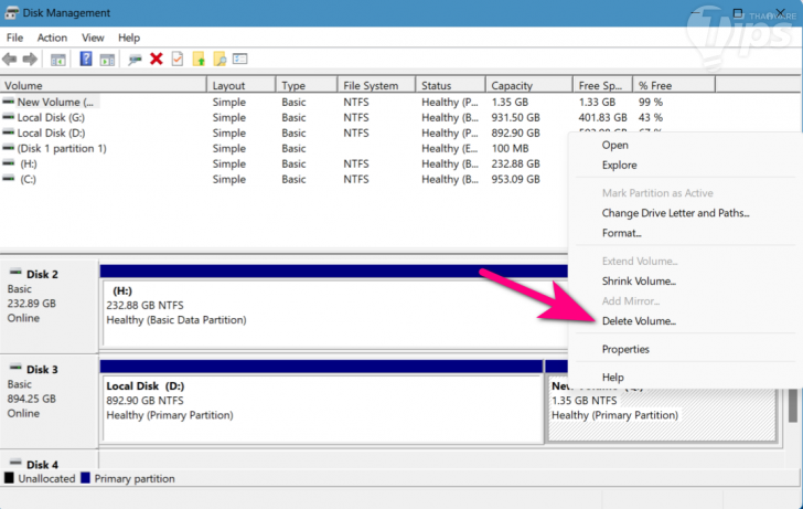 การรวมพาร์ทิชัน ผ่าน Disk Management บน Windows